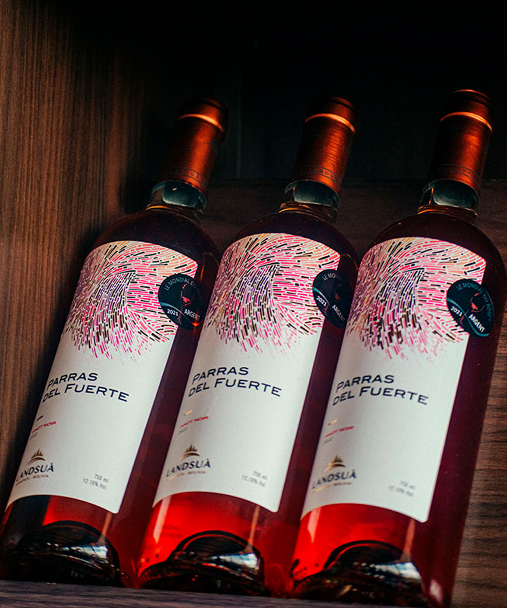 Colección de Botellas Vino Rosado Pinot Noir Parras del Fuerte - Bodegas Landsuá Tres botellas de vino rosado Pinot Noir de la línea Parras del Fuerte de Bodegas Landsuá con medalla de plata exhibidas en cava.