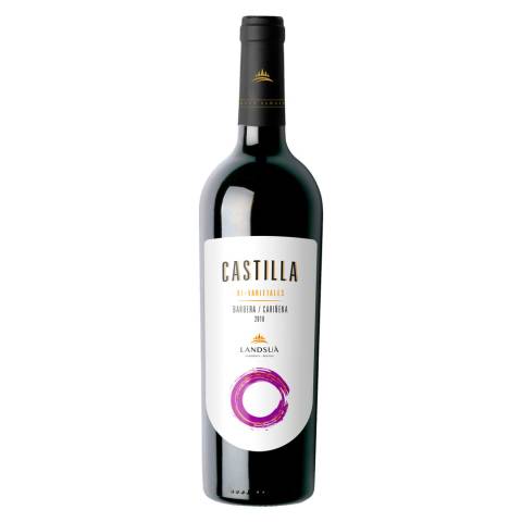 Botella de vino tinto blend Barbera Cariñena línea Castilla de Bodegas Landsuá, producido en Samaipata.