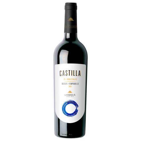 Botella de vino tinto blend Merlot Tempranillo línea Castilla de Bodegas Landsuá, producido en Samaipata.