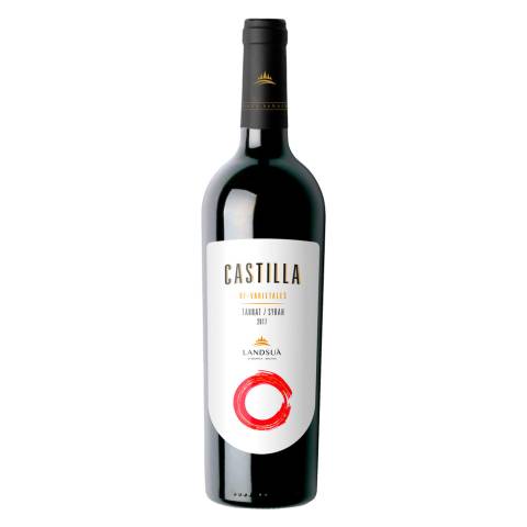 Botella de vino tinto blend Tannat Syrah línea Castilla de Bodegas Landsuá, producido en Samaipata