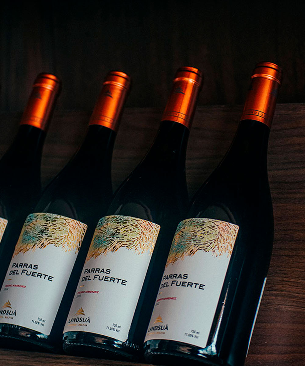 Colección de Botellas Vino Pedro Ximenez Parras del Fuerte - Bodegas Landsuá Fila de botellas de vino blanco Pedro Ximenez de la línea Parras del Fuerte de Bodegas Landsuá recostadas en cava de madera.